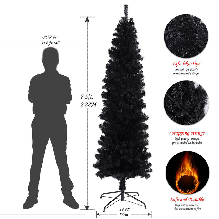 7.5FT Black Pencil Artificial Christmas Tree — 1000 Tips, Slim Space - Saving, Foldable Metal Stand - Monsta Online