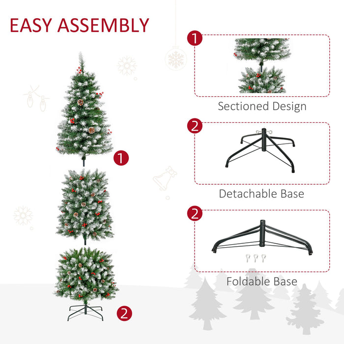 7.5FT Slim Snow Flocked Pre - Lit Artificial Christmas Tree — 350 Warm White LEDs, Pine Cones, Red Berries, 1075 Tips - Monsta Online