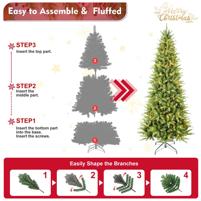 8FT Pre - Lit Pencil Artificial Christmas Tree — 1612 Tips, 500 LED Lights, PE & PVC Mixed, Metal Stand - Monsta Online