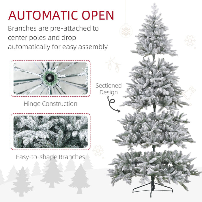 8FT Snow Flocked Artificial Christmas Tree — 2003 Tips, Unlit, Auto - Open Hinged, Full Shape, Metal Base - Monsta Online