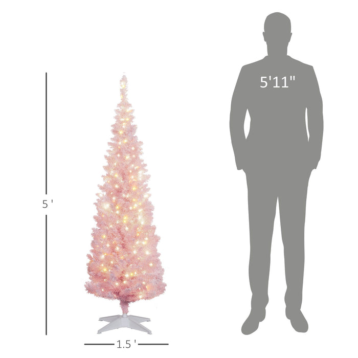 5FT Pink Snow Flocked Pencil Pre - Lit Artificial Christmas Tree — 160 Warm White LEDs, 294 Tips, Space - Saving - Monsta Online