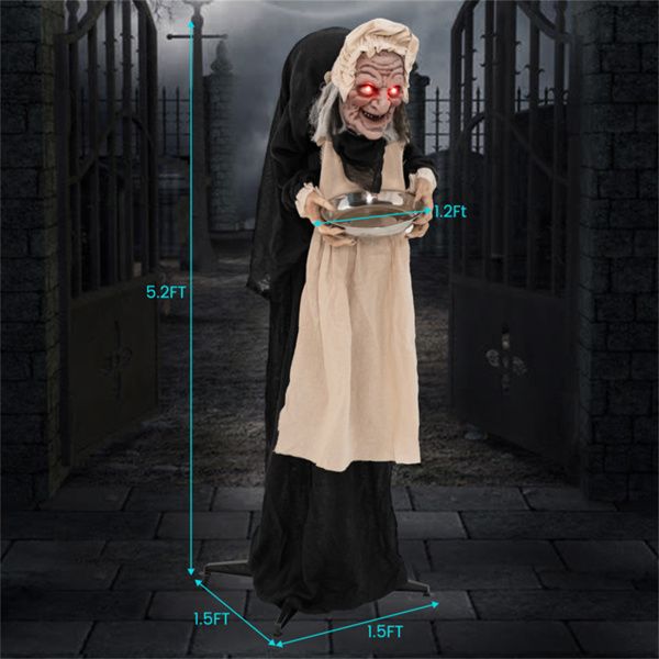 5.2ft Halloween Animatronic Old Lady Maid – Motion Activated with Flashing Red Eyes and Creepy Talking Phrases - Monsta Online