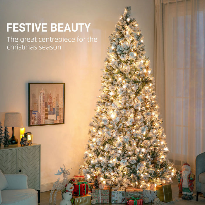 9FT Snow Flocked Pre - Lit Artificial Christmas Tree — 750 Clear Warm White Lights, 2387 Tips, Steel Base - Monsta Online