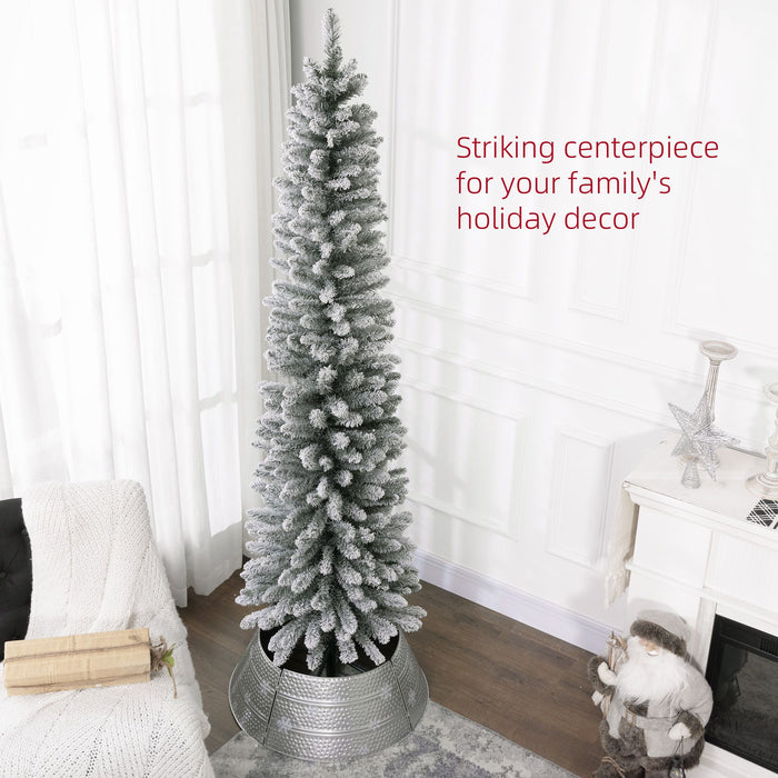 7FT Snow Flocked Pencil Artificial Christmas Tree — 405 Tips, Unlit, Slim Space - Saving, Metal Base - Monsta Online