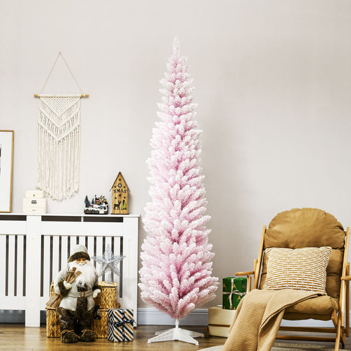 7FT Flocked Pink Pencil Artificial Christmas Tree — 499 Snow Tips, Unlit, Slim Space - Saving, Metal Base - Monsta Online
