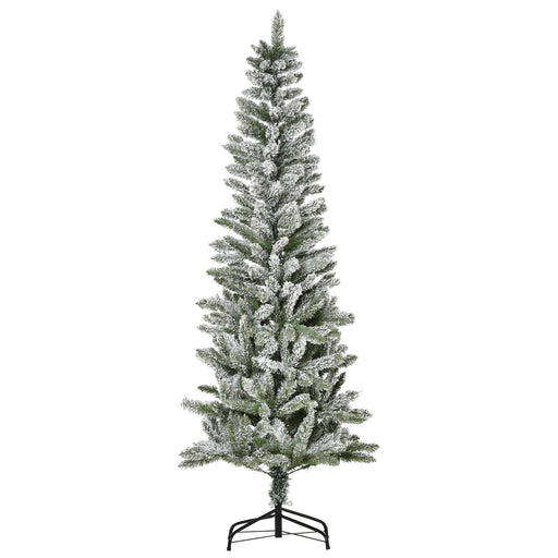 6FT Snow Flocked Pencil Artificial Christmas Tree — 394 Tips, Unlit, Auto - Open, Steel Base, Green & White - Monsta Online