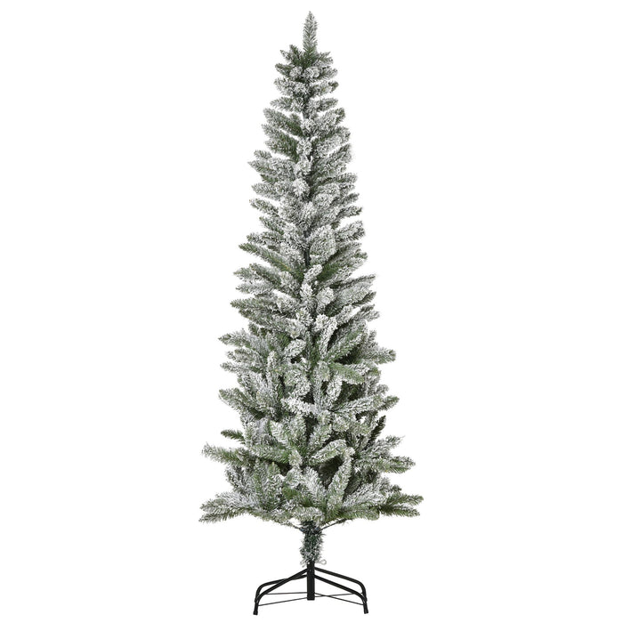 6FT Snow Flocked Pencil Artificial Christmas Tree — 394 Tips, Unlit, Auto - Open, Steel Base, Green & White - Monsta Online
