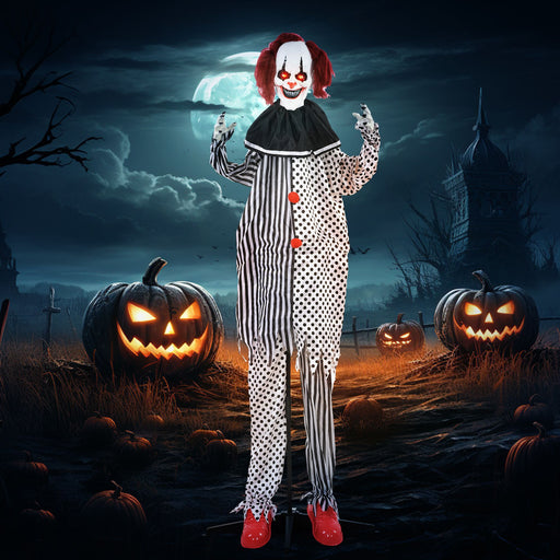 6ft Animatronic Halloween Clown – Sound Activated Red Haired Creepy Standing Prop, Creepy Sounds and Glowing LED Eyes - Monsta Online