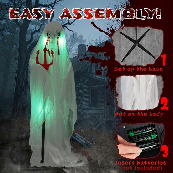4.3ft Sound - Activated Halloween Animatronic Ghost with Trident – Green Lights and Creepy Sounds - Monsta Online