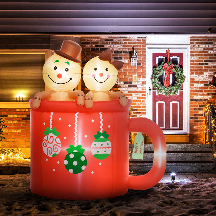 6FT Prelit Inflatable Gingerbread Couple in Hot Cocoa Mug with LED Lights - Outdoor Christmas Decoration - Monsta Online