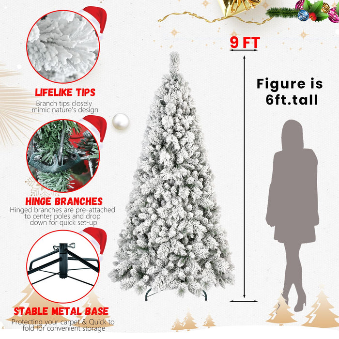 9FT Pre - Lit Snow Flocked Artificial Christmas Tree — 1964 Tips, 750 LED Lights, Hinged - Monsta Online
