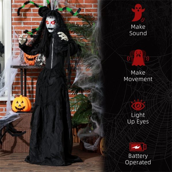 5.5ft Halloween Animatronic Zombie Bride – Jaw Drop, Glowing Red Eyes and Creepy Speaking Sounds - Monsta Online