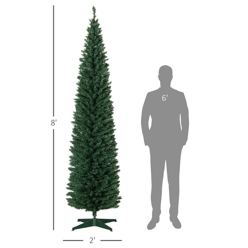 8FT Pencil Pre - Lit Artificial Christmas Tree — 300 Warm White LEDs, 618 Tips, Slim, Green - Monsta Online