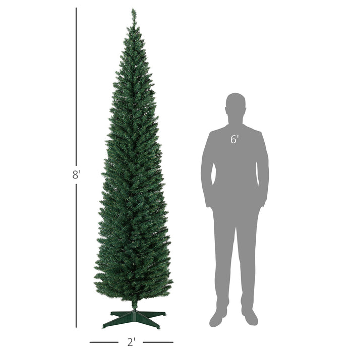 8FT Pencil Pre - Lit Artificial Christmas Tree — 300 Warm White LEDs, 618 Tips, Slim, Green - Monsta Online