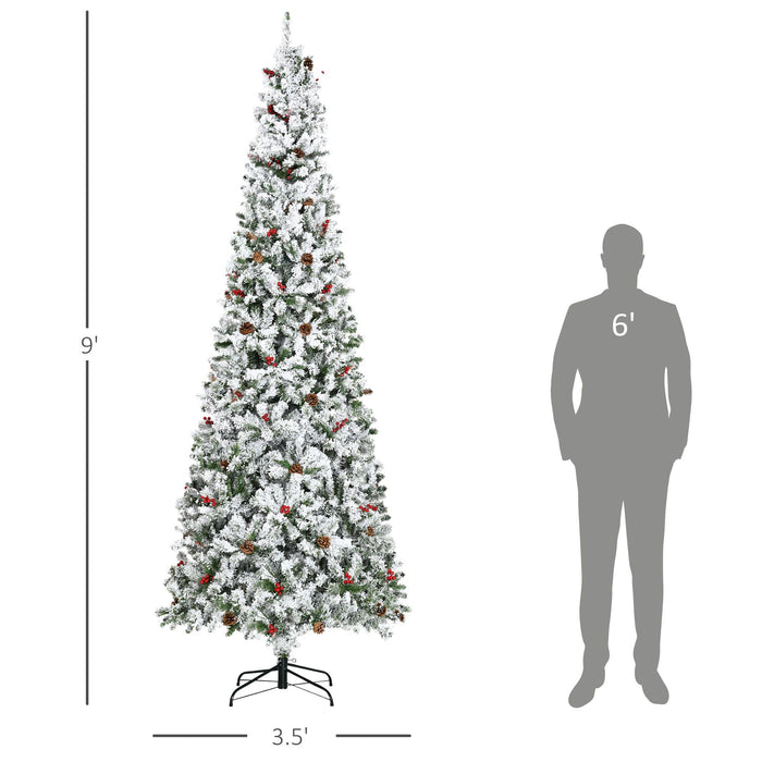 9FT Flocked Pencil Artificial Christmas Tree — 1350 Tips, Snow, Pinecones, Berries, Unlit, Auto - Open - Monsta Online