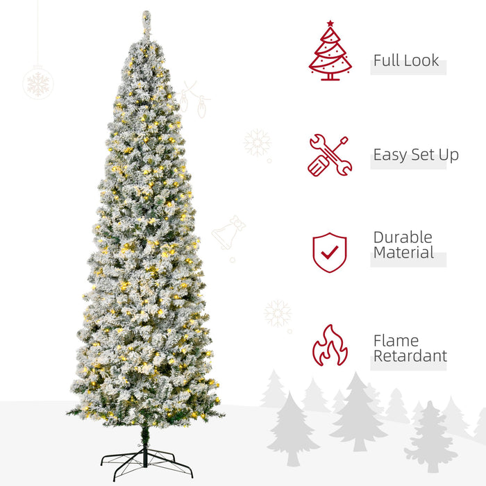 9FT Snow Flocked Pre - Lit Artificial Christmas Tree — 550 Warm White LEDs, 988 Tips, Hinged, Steel Base - Monsta Online