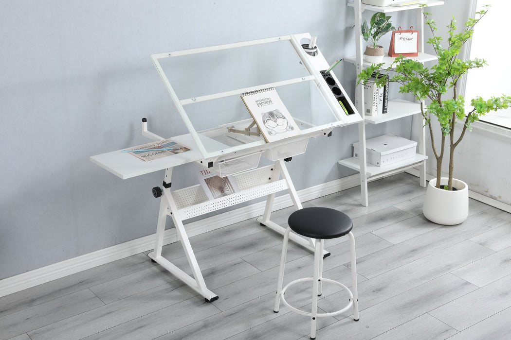 Sleek White Tempered Glass Drafting Table with Adjustable Features and Chair - Monsta Online