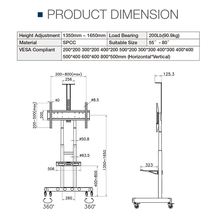 Heavy Duty Rolling TV Stand 55–85 Inch with Lockable Wheels and Adjustable Laptop Shelf - Monsta Online