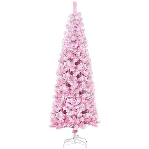 6FT Pink Snow Flocked Pencil Artificial Christmas Tree — 520 Tips, Unlit, Auto - Open Hinged, Steel Base - Monsta Online