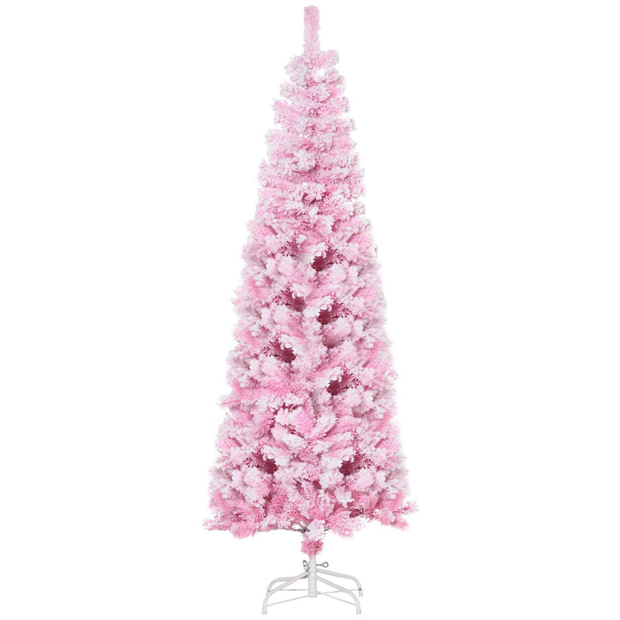 6FT Pink Snow Flocked Pencil Artificial Christmas Tree — 520 Tips, Unlit, Auto - Open Hinged, Steel Base - Monsta Online