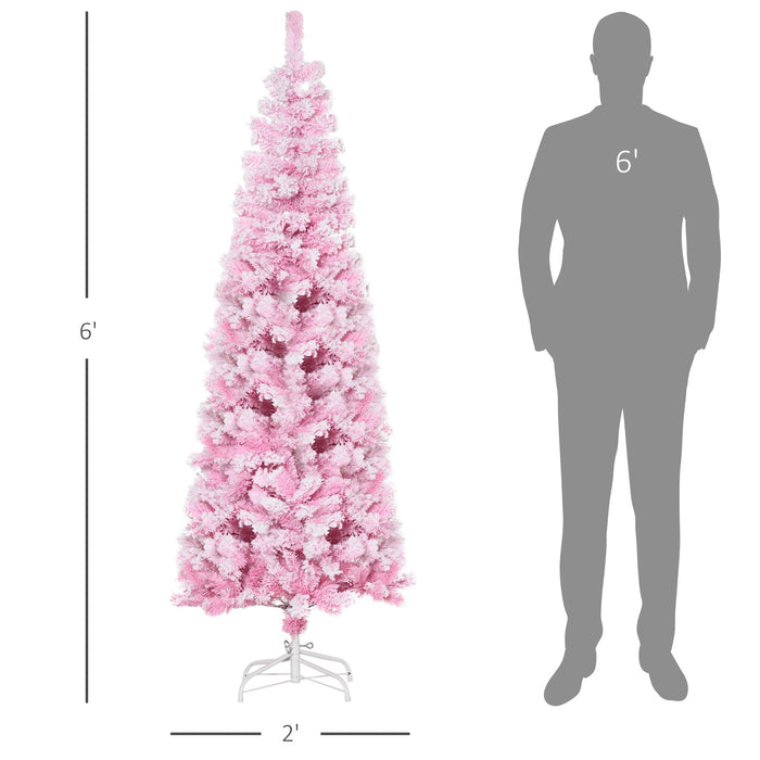 6FT Pink Snow Flocked Pencil Artificial Christmas Tree — 520 Tips, Unlit, Auto - Open Hinged, Steel Base - Monsta Online