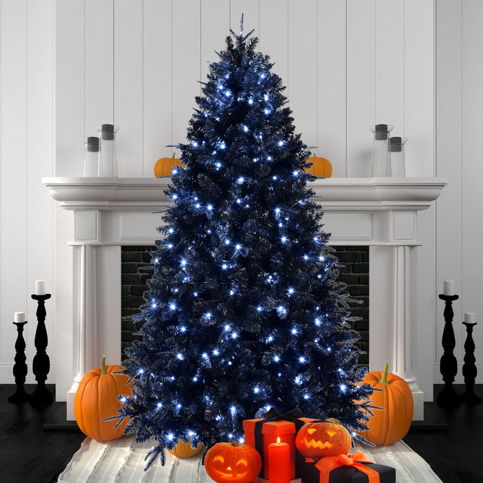 8FT Pre - Lit Black Artificial Christmas Tree — 600 White LED, 2486 Tips, PE+PVC, Hinged, Metal Stand - Monsta Online