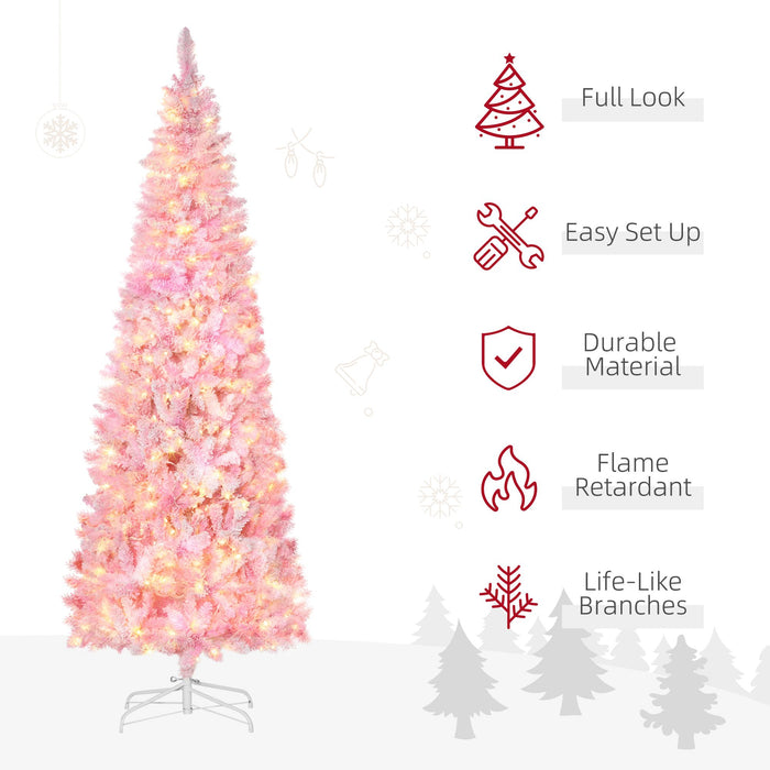 7.5FT Pre - Lit Pink Pencil Artificial Christmas Tree — 350 Warm White LED Lights, 700 Snow Tips, Steel Base - Monsta Online