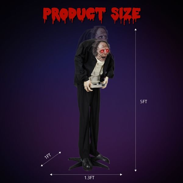 5ft Animatronic Halloween Male Servant – Motion and Sound Activated with Glowing Eyes, Creepy Laughs and Shaking Head - Monsta Online
