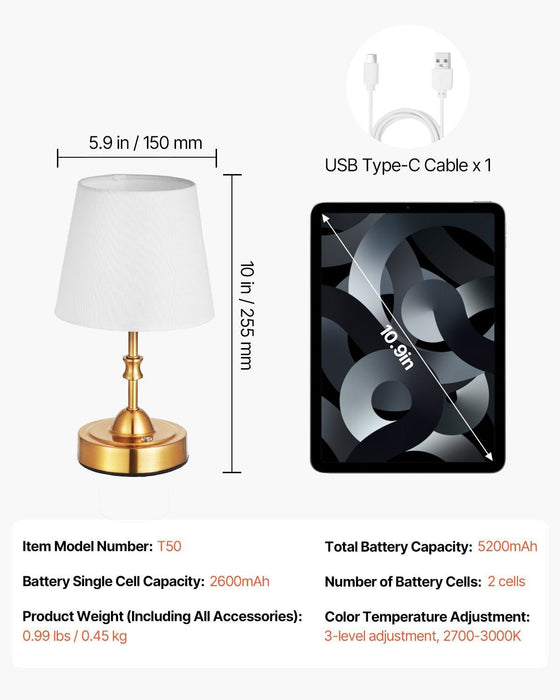 Cordless Rechargeable Table Lamp - Gold Finish with Dimmable 3 Brightness Levels - Monsta Online