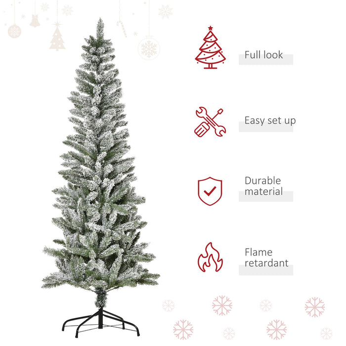 6FT Snow Flocked Pencil Artificial Christmas Tree — 394 Tips, Unlit, Auto - Open, Steel Base, Green & White - Monsta Online