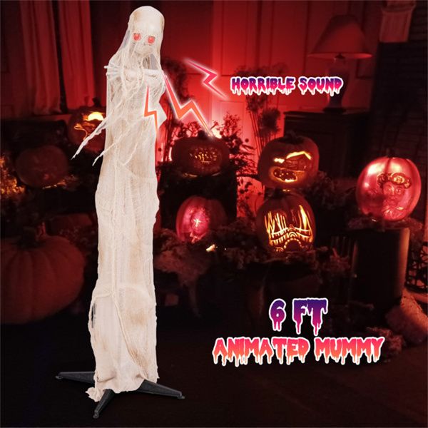 6ft Animatronic Halloween Mummy – Sound Activated with Red LED Glowing Eyes and Posable Body - Monsta Online
