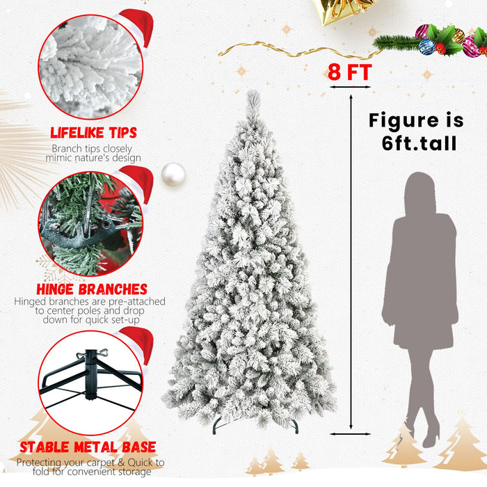 8FT Pre - Lit Flocked Artificial Christmas Tree — 600 Warm White LED, 1445 Tips, Hinged, Metal Stand - Monsta Online