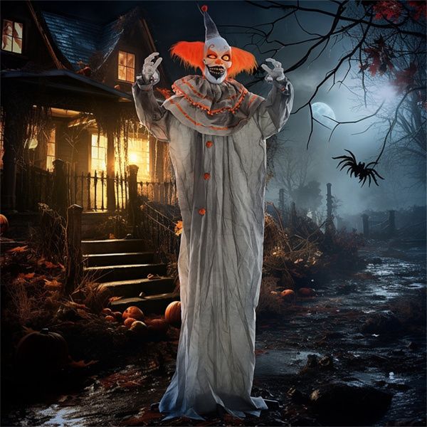 6ft Animatronic Halloween Clown – Moving Head and Arms with Red Glowing Eyes and Creepy Laughs - Monsta Online