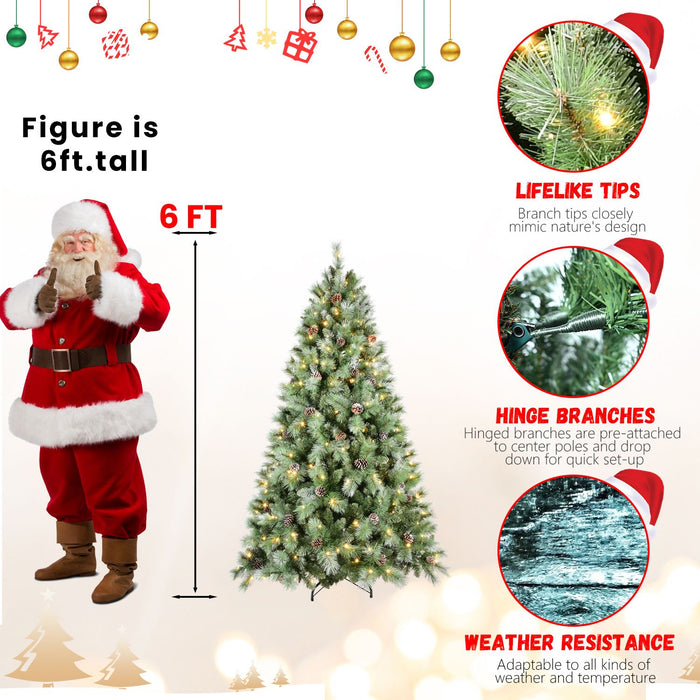 6FT Pre - Lit Artificial Christmas Tree — 300 Warm LED, 66 Pine Cones, 988 Tips, Hinged, Metal Stand - Monsta Online