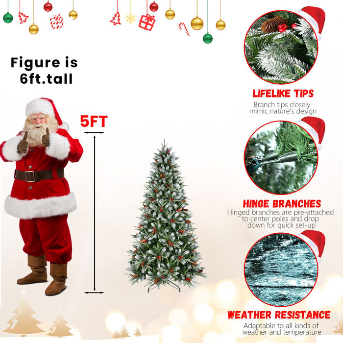 5FT Artificial Christmas Tree — Snow - Tipped, 1131 Tips, Berries & Pine Cones, Hinged, Metal Stand - Monsta Online