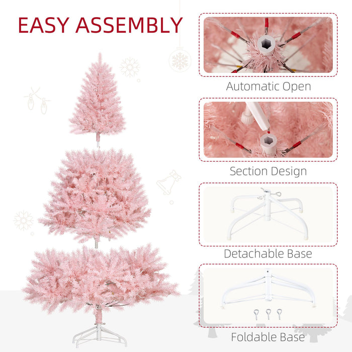 6FT Pink Flocked Pre - Lit Artificial Christmas Tree — 250 Warm White LEDs, 1000 Tips, Hinged, Metal Base - Monsta Online