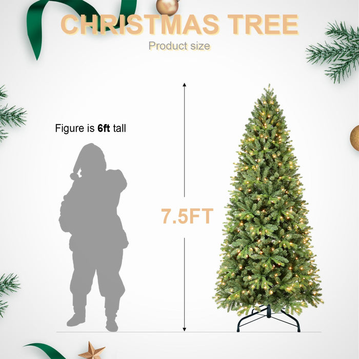 7.5FT Pre - Lit Artificial Christmas Tree — 450 Warm LED, 1599 Tips, PE+PVC, Hinged, Metal Stand - Monsta Online