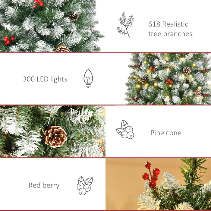 6FT Snow - Dipped Pre - Lit Artificial Christmas Tree — 300 Warm White LEDs, 618 Tips, Pine Cones, Berries - Monsta Online