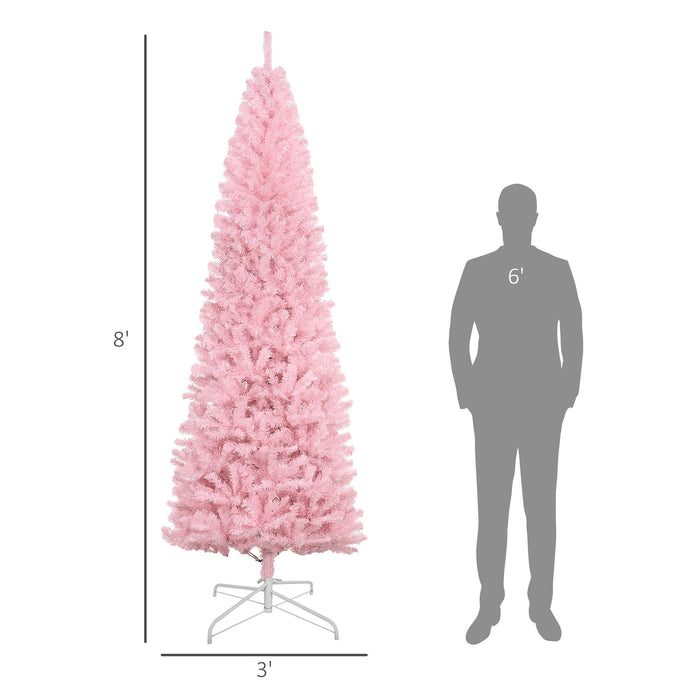8FT Pink Pencil Artificial Christmas Tree — 1168 Douglas Fir Tips, Unlit, Auto - Open, Slim, Steel Base - Monsta Online