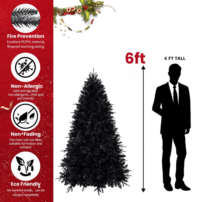 6FT Pre - Lit Black Artificial Christmas Tree — 1460 Tips, 350 Lights, Hinged Metal Stand - Monsta Online