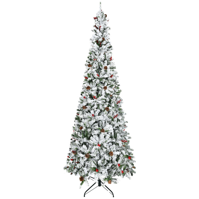 9FT Flocked Pencil Artificial Christmas Tree — 1350 Tips, Snow, Pinecones, Berries, Unlit, Auto - Open - Monsta Online