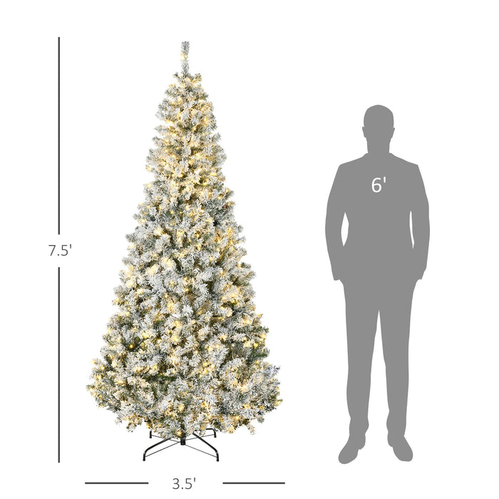 7.5FT Snow Flocked Pre - Lit Artificial Christmas Tree — 500 Warm White LEDs, 1188 Tips, Auto - Open Hinged, Steel Base - Monsta Online