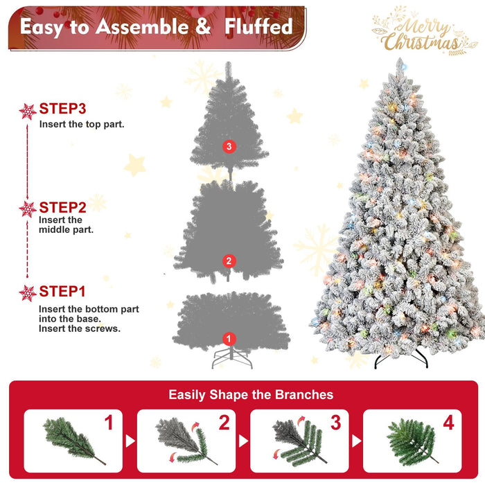 7FT Pre - Lit Flocked Artificial Christmas Tree — 500 Multi - Color LED, 45 Pine Cones, 1124 Tips - Monsta Online