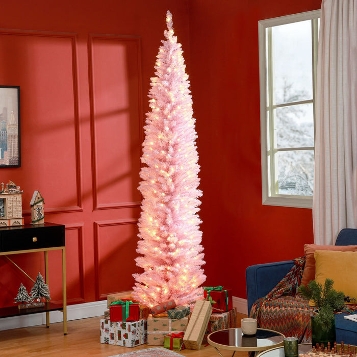 8FT Pink Pre - Lit Pencil Artificial Christmas Tree — 300 Warm White LEDs, 618 Tips, Slim, Steel Base - Monsta Online