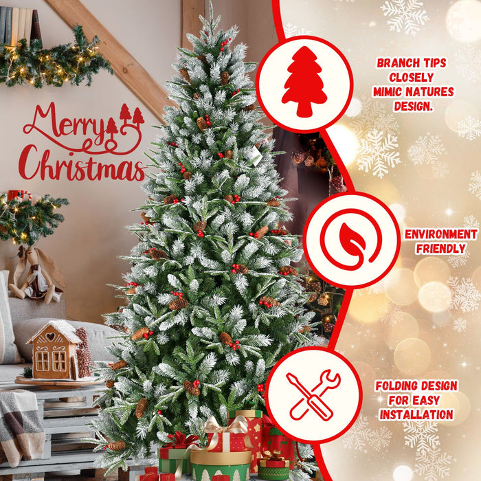 7FT Unlit Snow Frosted Artificial Christmas Tree — 2178 PE/PVC Tips, Pinecones & Berries - Monsta Online