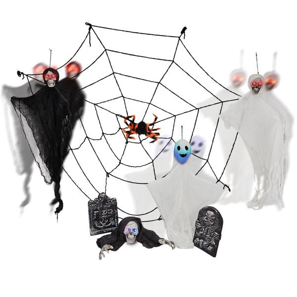 8 - Piece Outdoor Halloween Decoration Set 5.9ft Cobweb – Red Flashing Eyes, Hanging Ghosts, Gravestones and Spider - Monsta Online