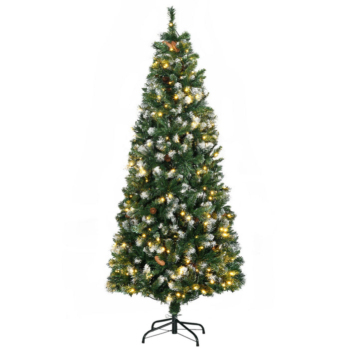 6FT Slim Pre - Lit Artificial Christmas Tree — 250 Warm White LEDs, 703 Tips, Snow - Dipped Branches, Pinecones, Auto - Open - Monsta Online