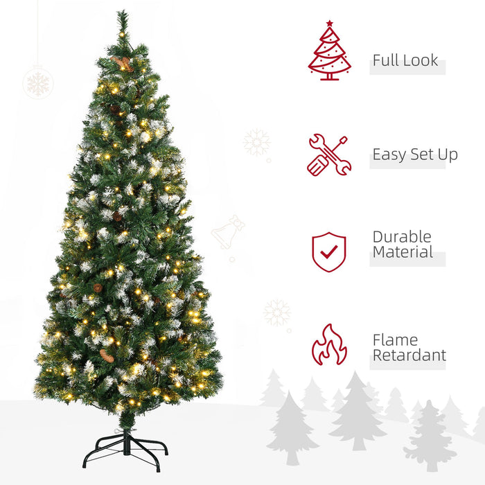 6FT Slim Pre - Lit Artificial Christmas Tree — 250 Warm White LEDs, 703 Tips, Snow - Dipped Branches, Pinecones, Auto - Open - Monsta Online