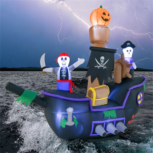 7FT Halloween Inflatable Pirate Ship with Skeletons & LED Lights - Monsta Online