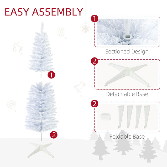5FT White Snow Flocked Pencil Artificial Christmas Tree — 294 Tips, Unlit, Slim Space - Saving, Metal Base - Monsta Online